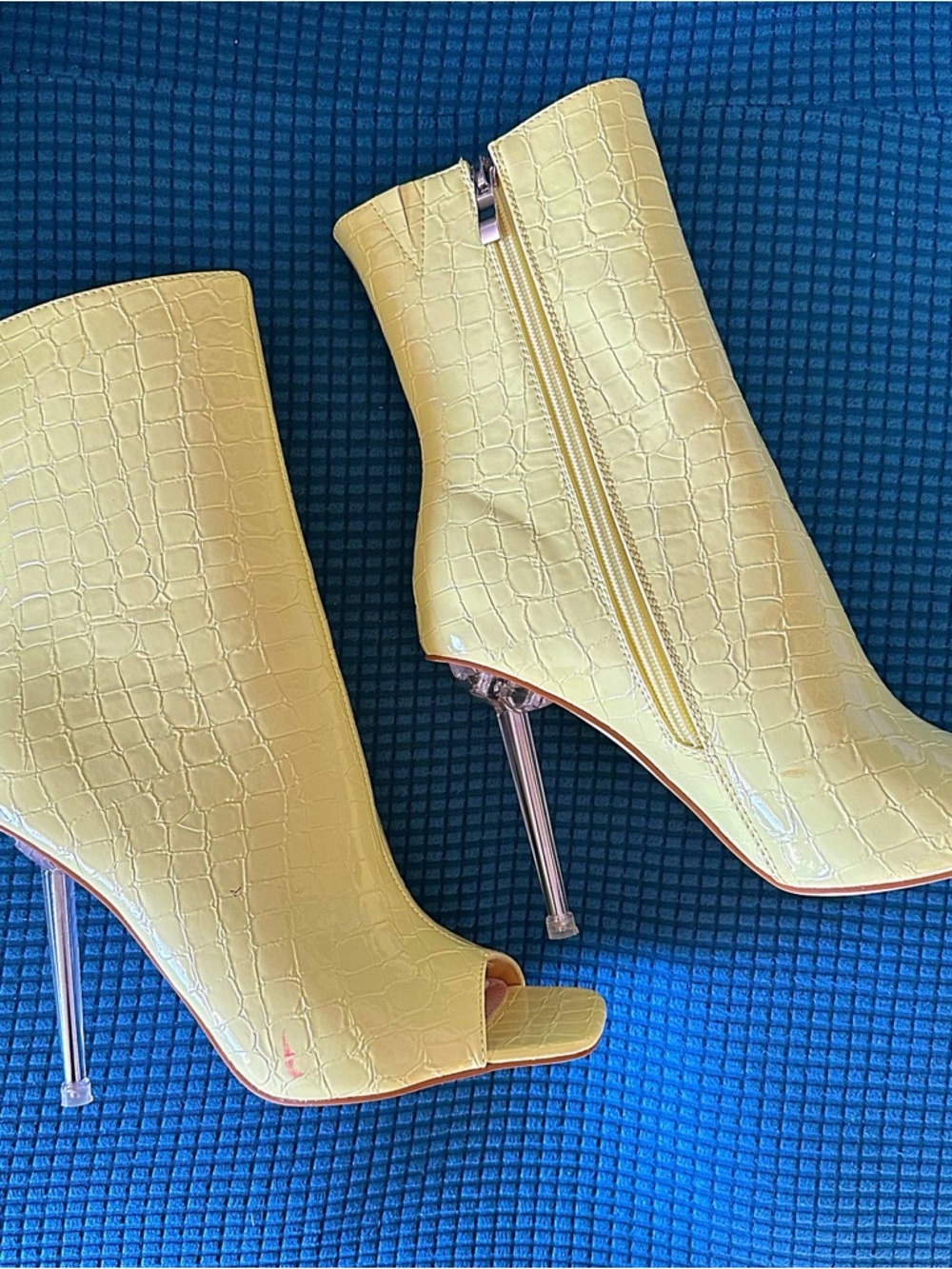 Croc-Embossed Yellow Peep-Toe Stiletto Ankle Boots